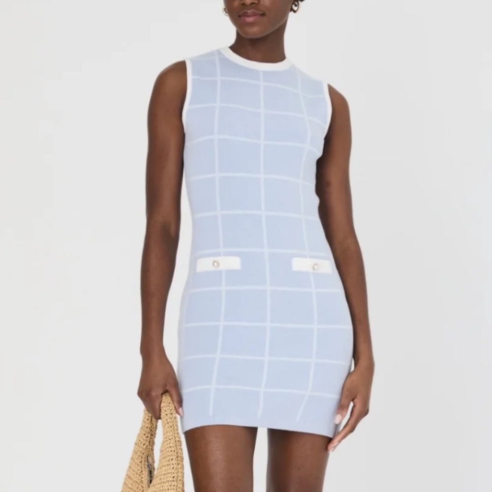 French Connection Sleeveless Round Neck White Check Blue Knit Mini Dress XL